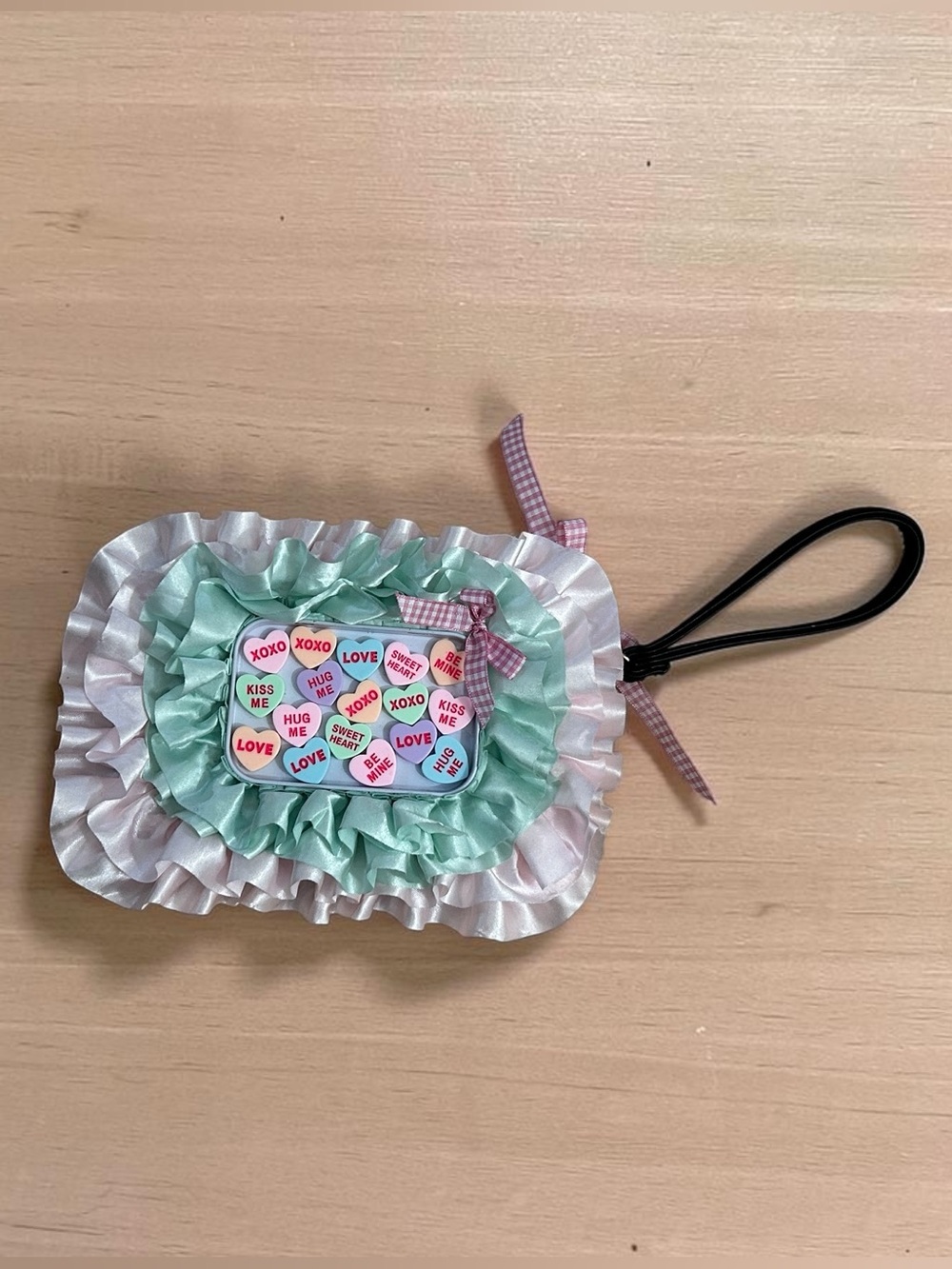 Conversation Hearts Ruffled Wristlet Wallet Clutch Handmade NWOT